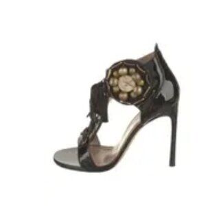 Yves Saint Laurent Rive Gauche Patent Leather Beaded Accents T-Strap Sandals
